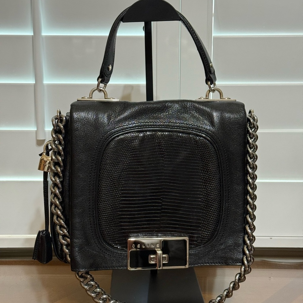 Sale - Celine Black Leather Bag with Chain Strap and Lock Set